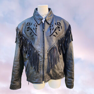 Vtg 90s Shaf Leather Fringe Biker Rose Punk Rock Motorcycle Gypsy Moto Jacket XL
